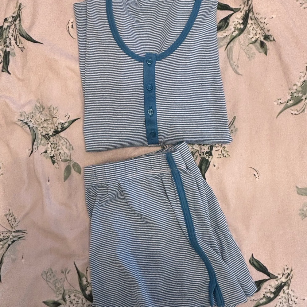 Lake Pajamas Pima Cotton Set Teal Blue Stripe Long Sleeve Shorts Size M